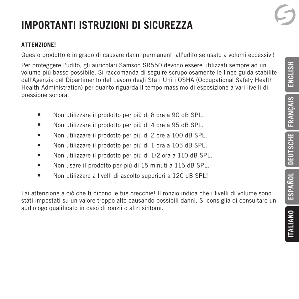 Importanti istruzioni di sicurezza | Samson Zi100 Single-Driver Reference Earphones (Black) User Manual | Page 43 / 52