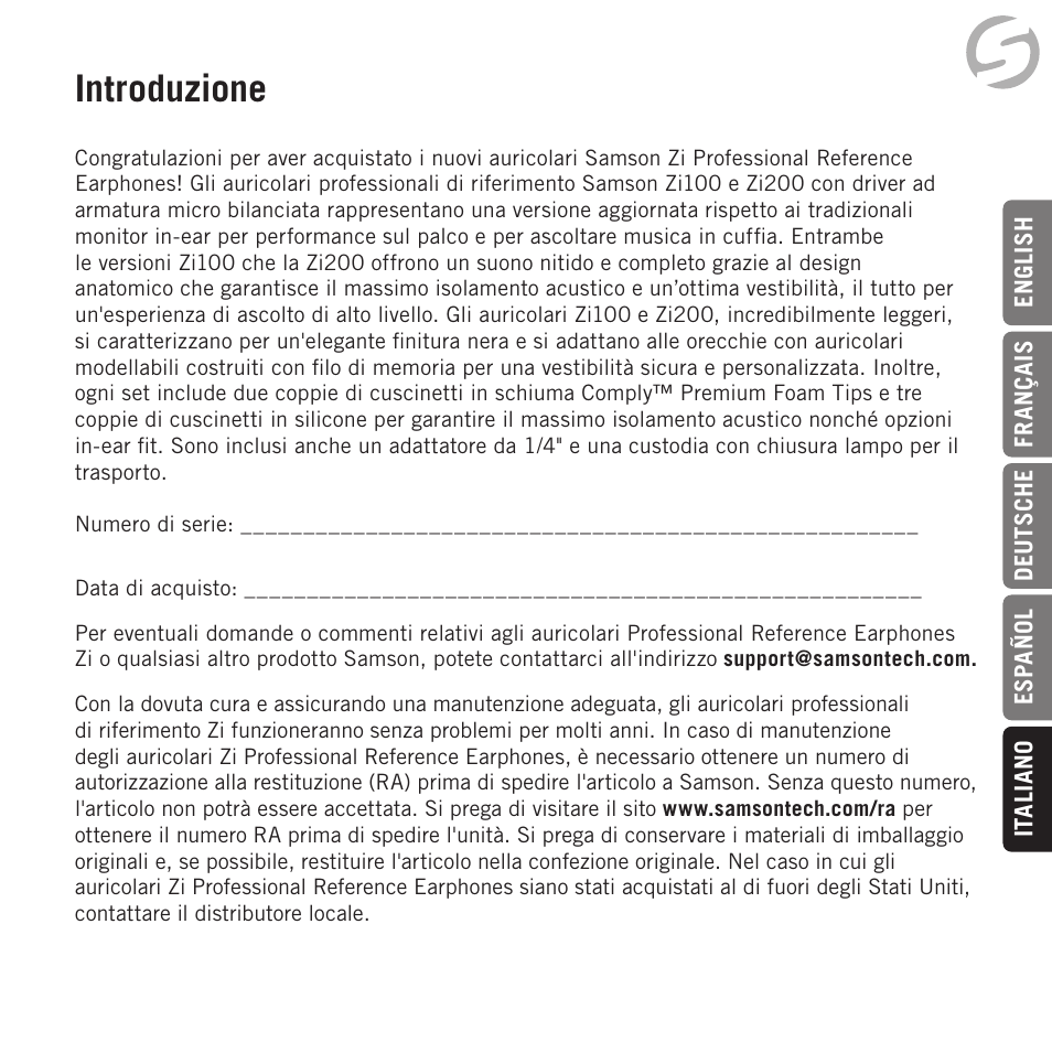 Introduzione | Samson Zi100 Single-Driver Reference Earphones (Black) User Manual | Page 45 / 52