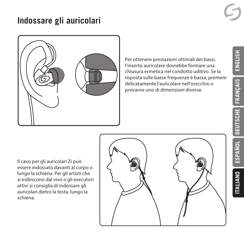 Indossare gli auricolari | Samson Zi100 Single-Driver Reference Earphones (Black) User Manual | Page 47 / 52