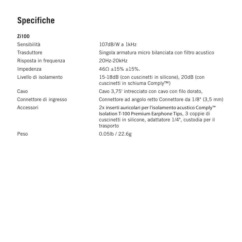 Specifiche | Samson Zi100 Single-Driver Reference Earphones (Black) User Manual | Page 50 / 52