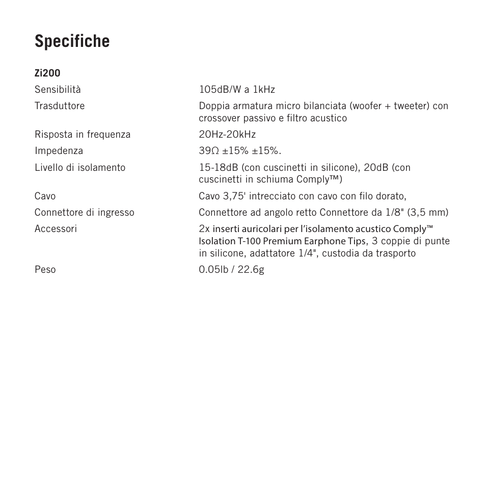 Specifiche | Samson Zi100 Single-Driver Reference Earphones (Black) User Manual | Page 51 / 52