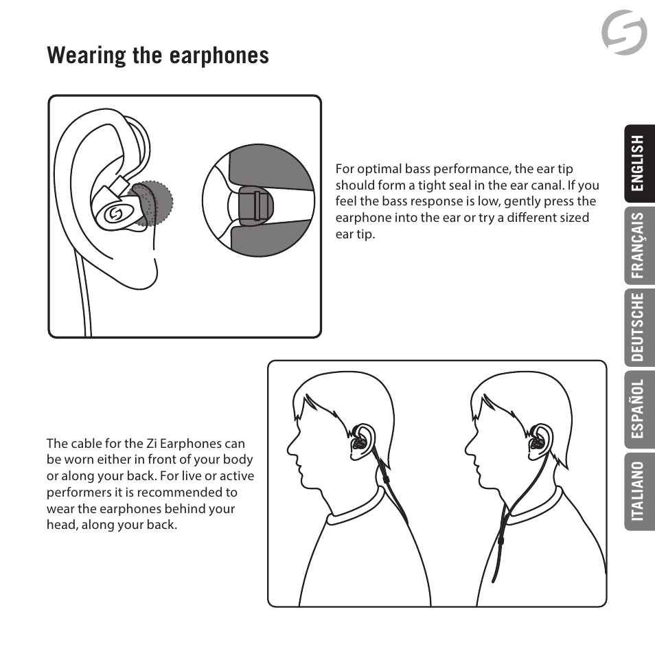 Wearing the earphones | Samson Zi100 Single-Driver Reference Earphones (Black) User Manual | Page 7 / 52