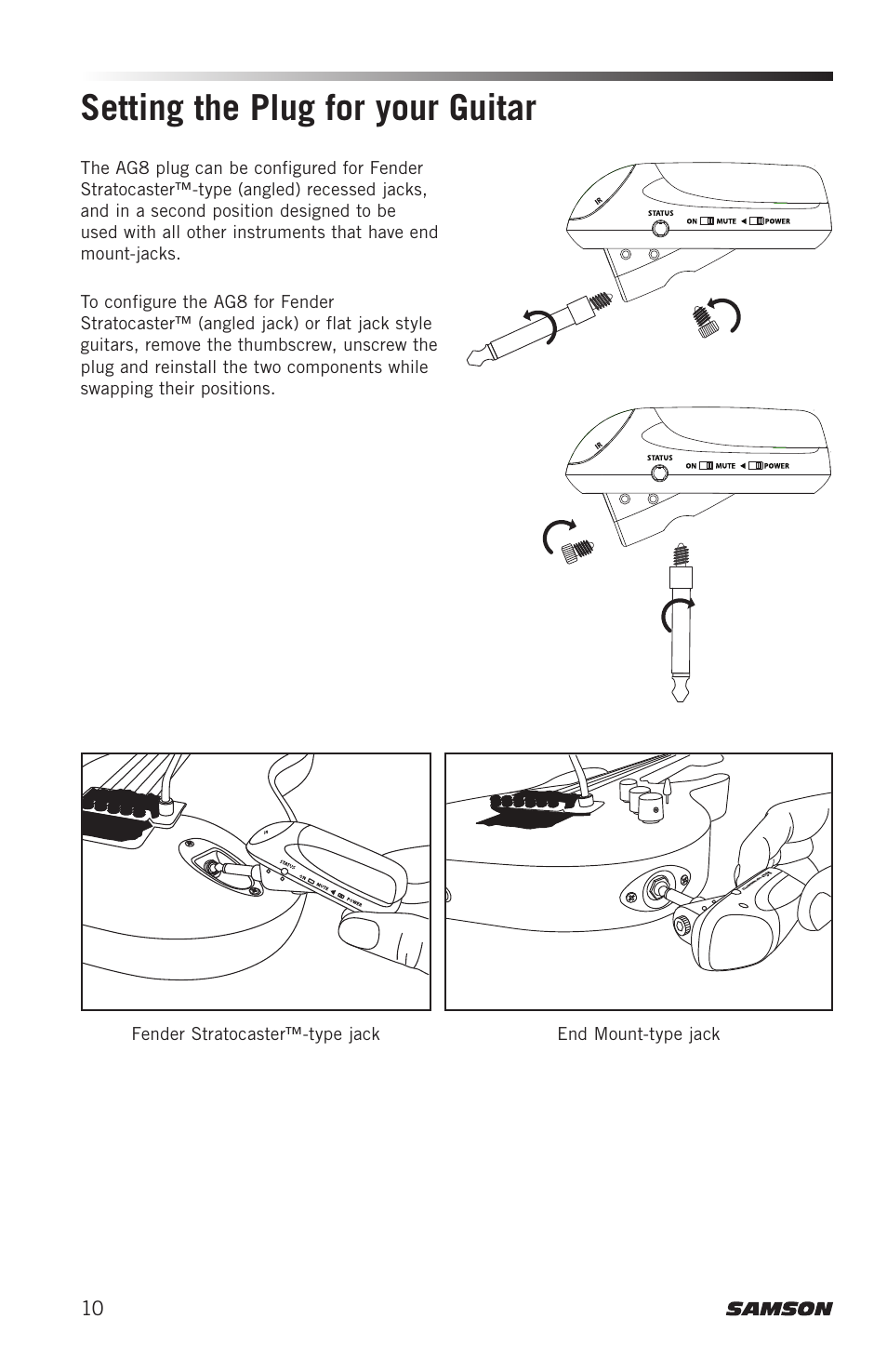 Setting the plug for your guitar | Samson AirLine 88x Wireless Guitar System (K: 470 to 494 MHz) User Manual | Page 10 / 20