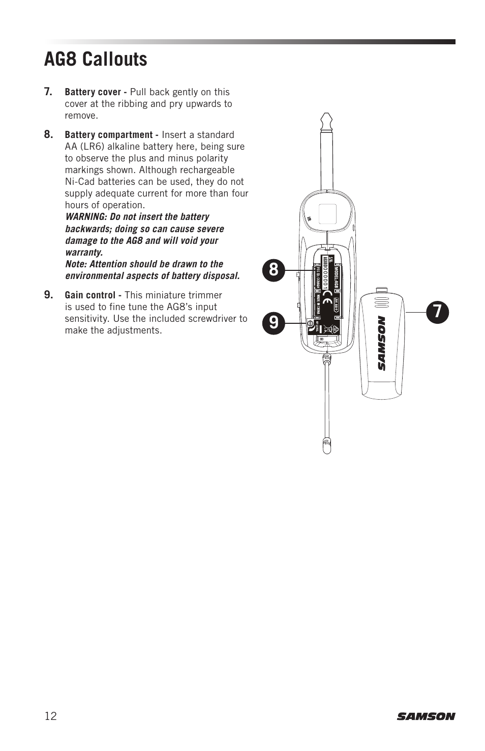 Ag8 callouts | Samson AirLine 88x Wireless Guitar System (K: 470 to 494 MHz) User Manual | Page 12 / 20