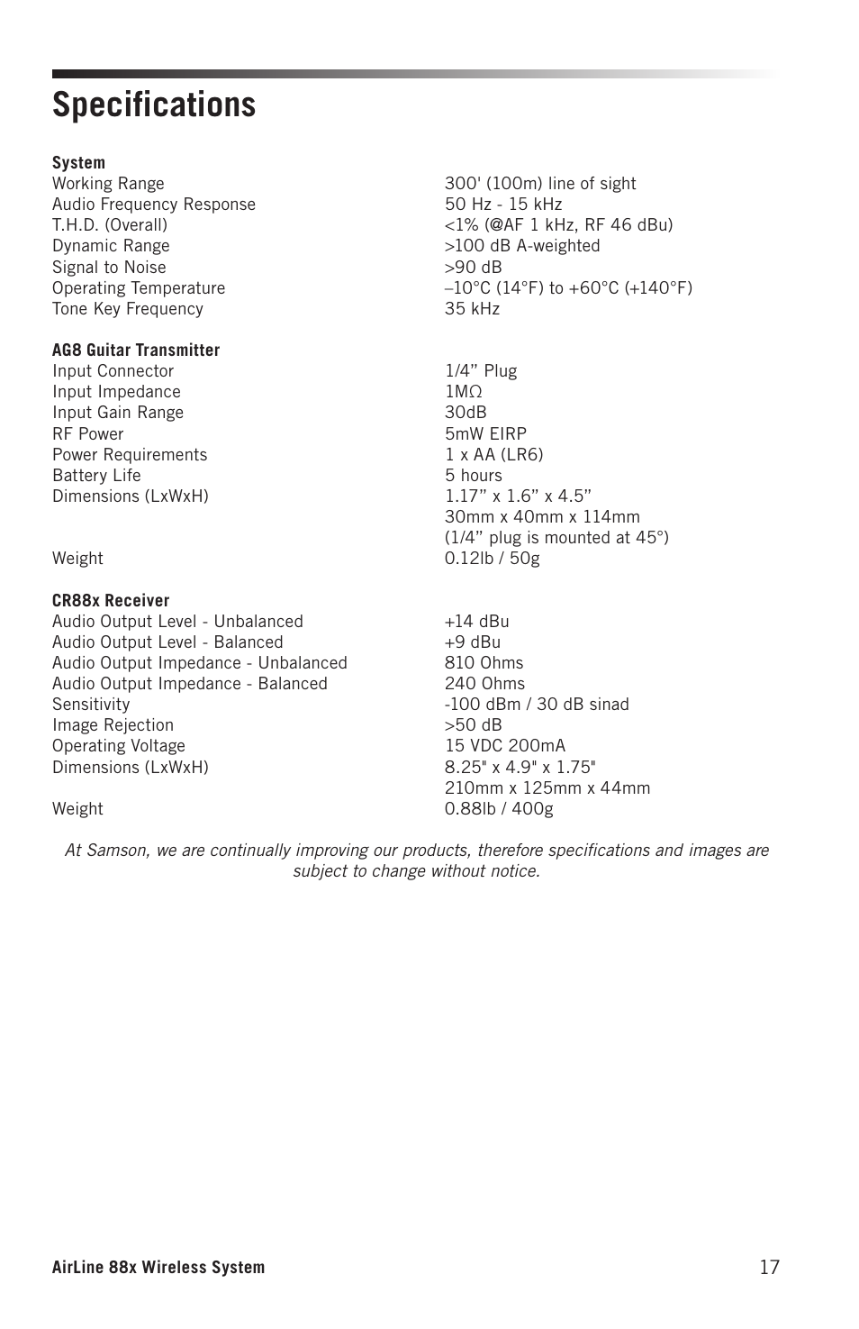 Specifications | Samson AirLine 88x Wireless Guitar System (K: 470 to 494 MHz) User Manual | Page 17 / 20