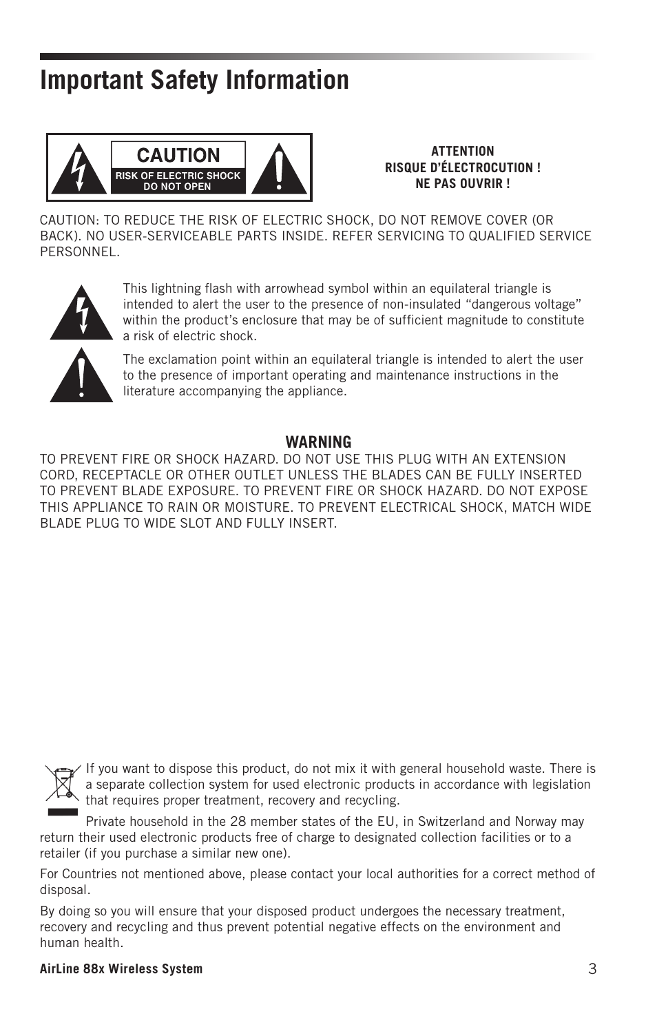 Important safety information | Samson AirLine 88x Wireless Guitar System (K: 470 to 494 MHz) User Manual | Page 3 / 20