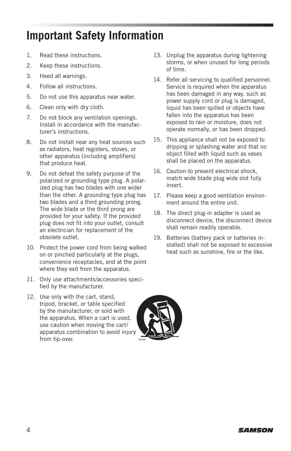 Important safety information | Samson AirLine 88x Wireless Guitar System (K: 470 to 494 MHz) User Manual | Page 4 / 20