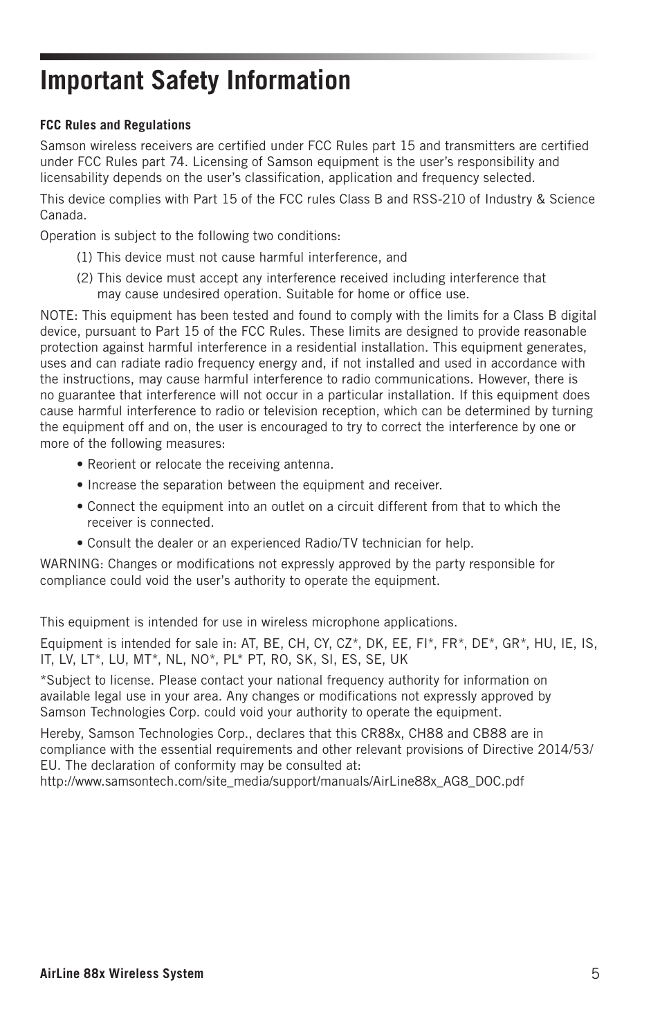 Important safety information | Samson AirLine 88x Wireless Guitar System (K: 470 to 494 MHz) User Manual | Page 5 / 20