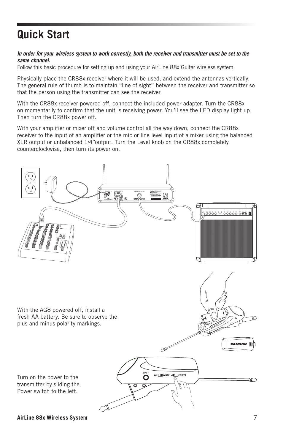 Quick start | Samson AirLine 88x Wireless Guitar System (K: 470 to 494 MHz) User Manual | Page 7 / 20