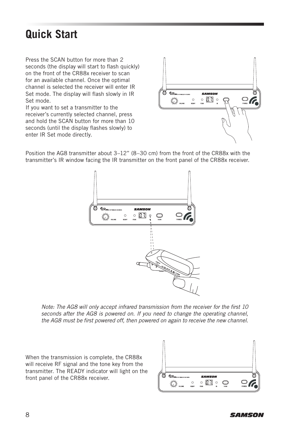 Quick start | Samson AirLine 88x Wireless Guitar System (K: 470 to 494 MHz) User Manual | Page 8 / 20
