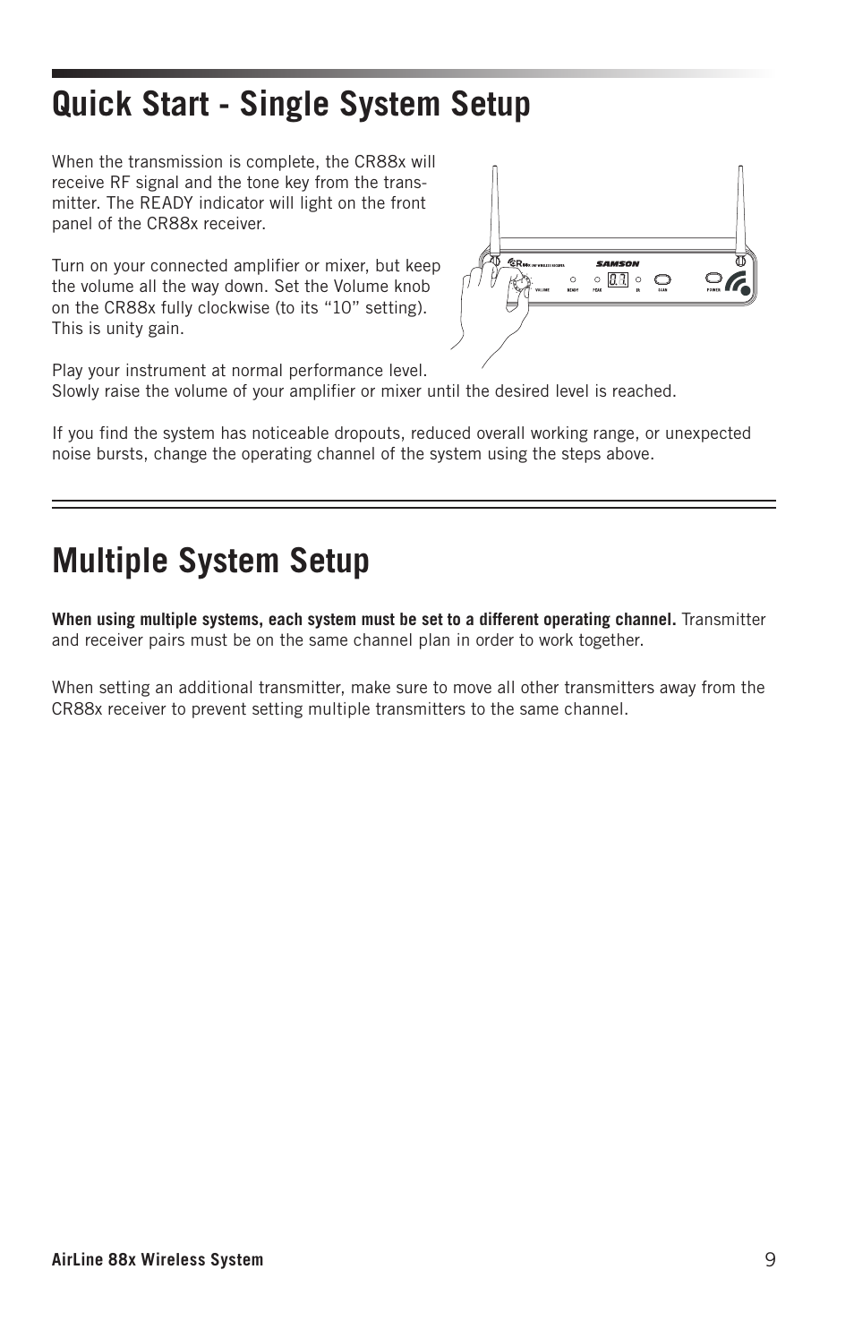 Quick start - single system setup, Multiple system setup | Samson AirLine 88x Wireless Guitar System (K: 470 to 494 MHz) User Manual | Page 9 / 20