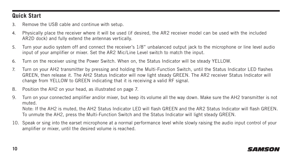 Quick start | Samson AirLine Micro AH2/SE10 Earset Transmitter with Y Cable (K3: 492.425) User Manual | Page 10 / 20