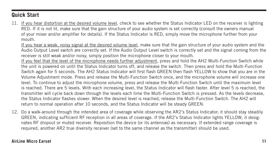 Quick start | Samson AirLine Micro AH2/SE10 Earset Transmitter with Y Cable (K3: 492.425) User Manual | Page 11 / 20