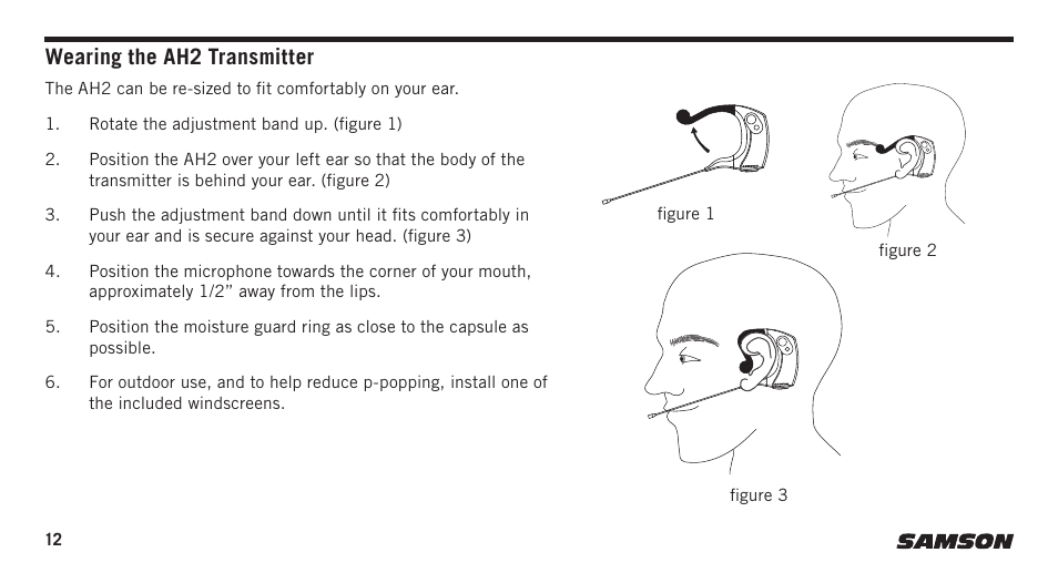 Wearing the ah2 transmitter | Samson AirLine Micro AH2/SE10 Earset Transmitter with Y Cable (K3: 492.425) User Manual | Page 12 / 20