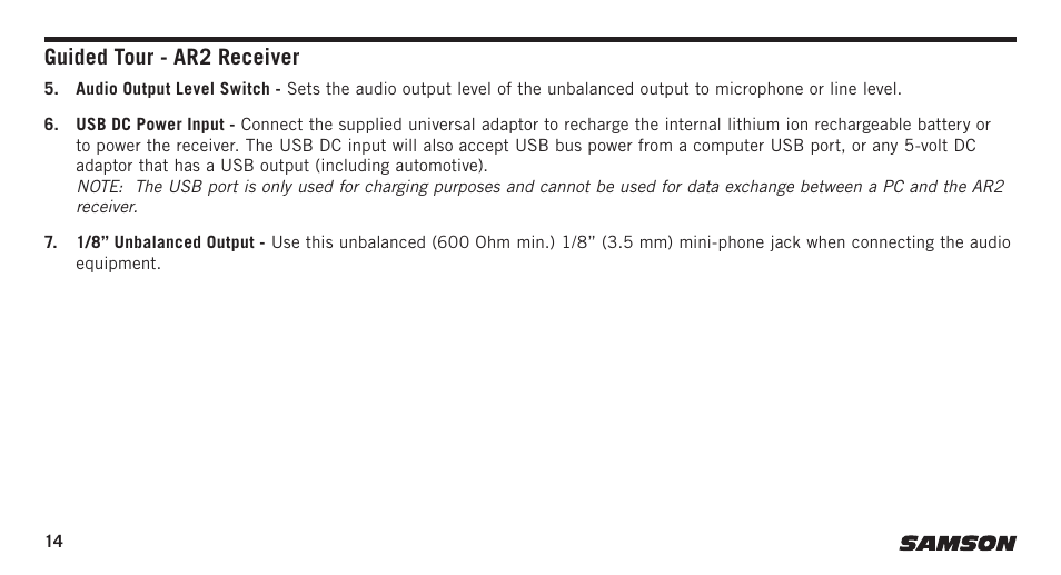 Guided tour - ar2 receiver | Samson AirLine Micro AH2/SE10 Earset Transmitter with Y Cable (K3: 492.425) User Manual | Page 14 / 20