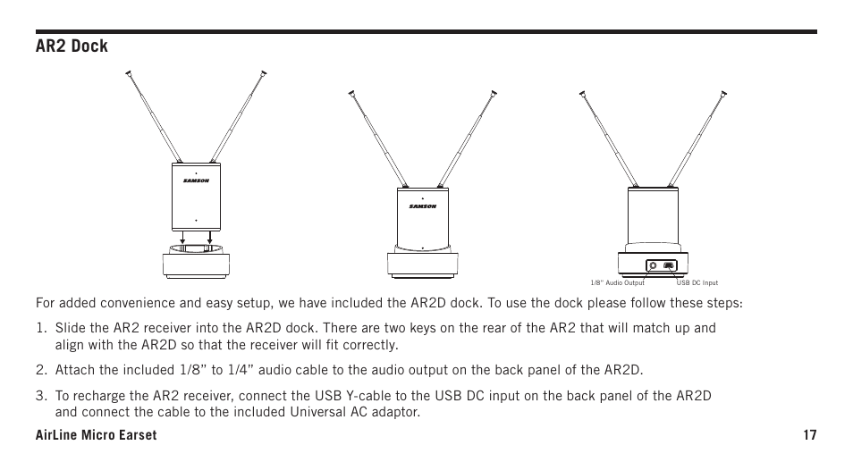 Ar2 dock | Samson AirLine Micro AH2/SE10 Earset Transmitter with Y Cable (K3: 492.425) User Manual | Page 17 / 20