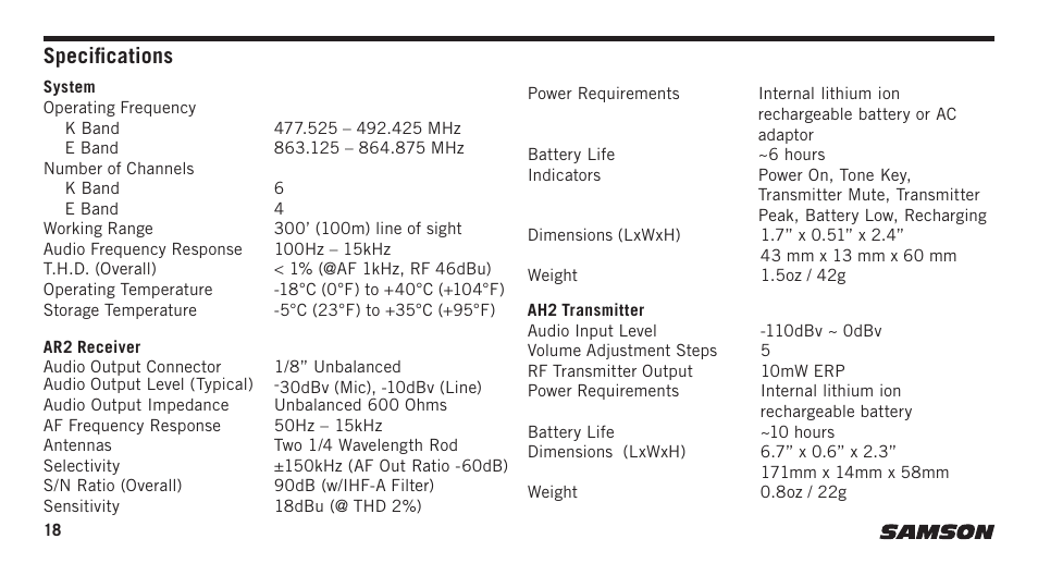 Specifications | Samson AirLine Micro AH2/SE10 Earset Transmitter with Y Cable (K3: 492.425) User Manual | Page 18 / 20