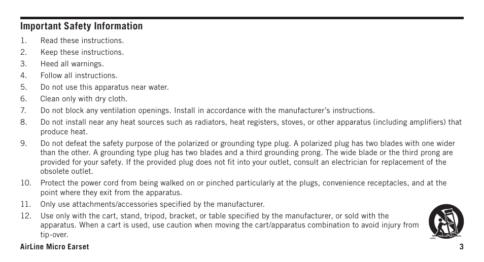 Important safety information | Samson AirLine Micro AH2/SE10 Earset Transmitter with Y Cable (K3: 492.425) User Manual | Page 3 / 20