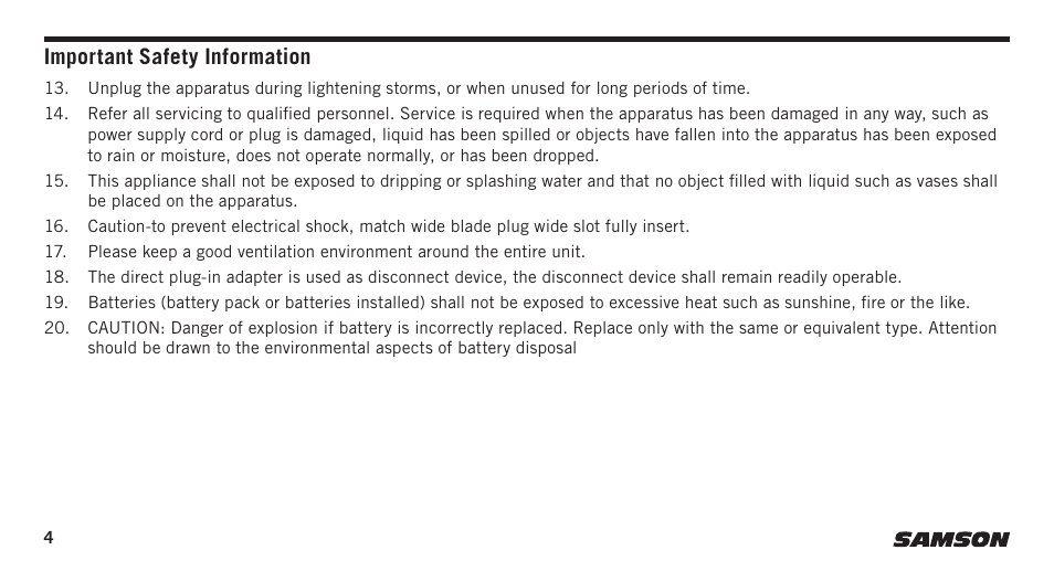 Important safety information | Samson AirLine Micro AH2/SE10 Earset Transmitter with Y Cable (K3: 492.425) User Manual | Page 4 / 20