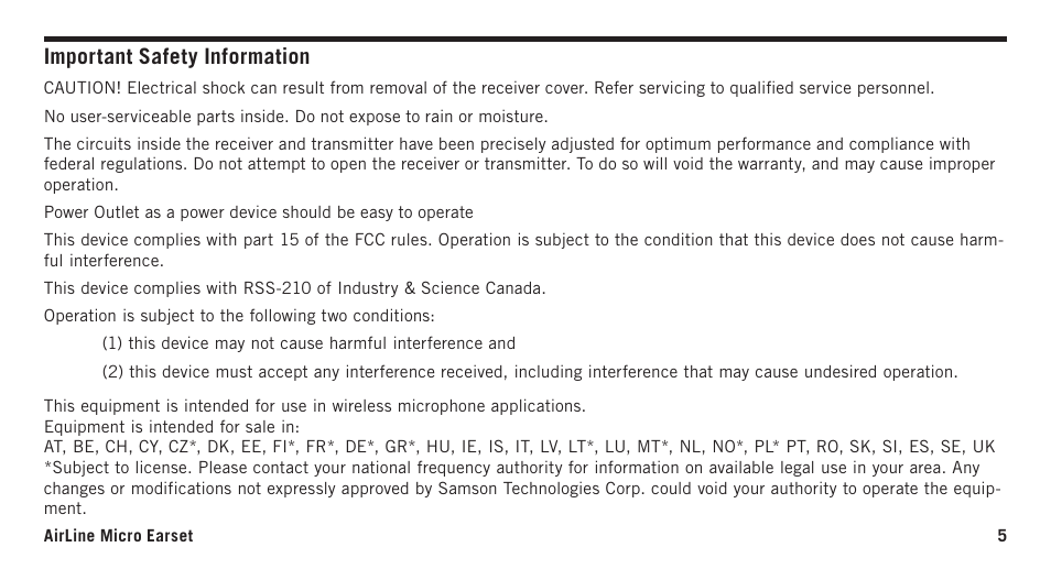 Important safety information | Samson AirLine Micro AH2/SE10 Earset Transmitter with Y Cable (K3: 492.425) User Manual | Page 5 / 20