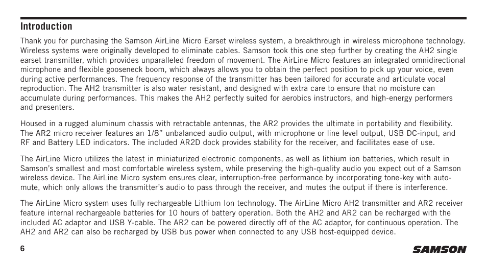 Introduction | Samson AirLine Micro AH2/SE10 Earset Transmitter with Y Cable (K3: 492.425) User Manual | Page 6 / 20