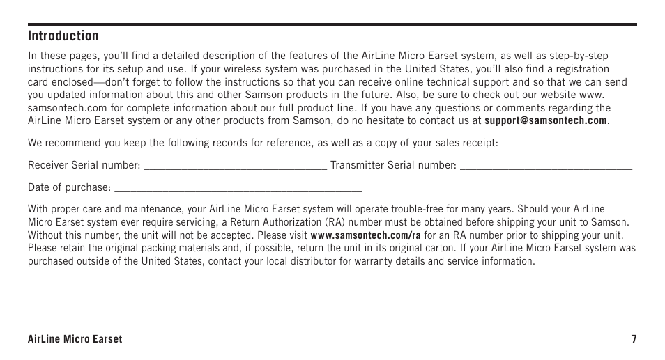 Introduction | Samson AirLine Micro AH2/SE10 Earset Transmitter with Y Cable (K3: 492.425) User Manual | Page 7 / 20