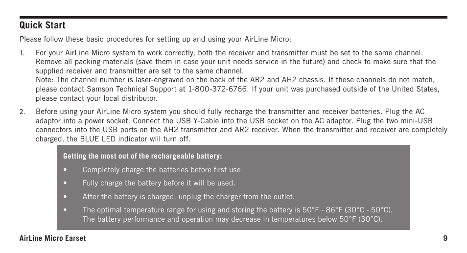 Quick start | Samson AirLine Micro AH2/SE10 Earset Transmitter with Y Cable (K3: 492.425) User Manual | Page 9 / 20