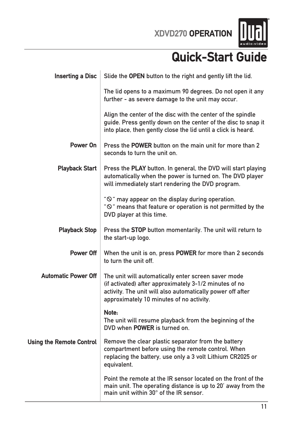 Quick-start guide, Xdvd270 operation | Dual XDVD270 User Manual | Page 11 / 24