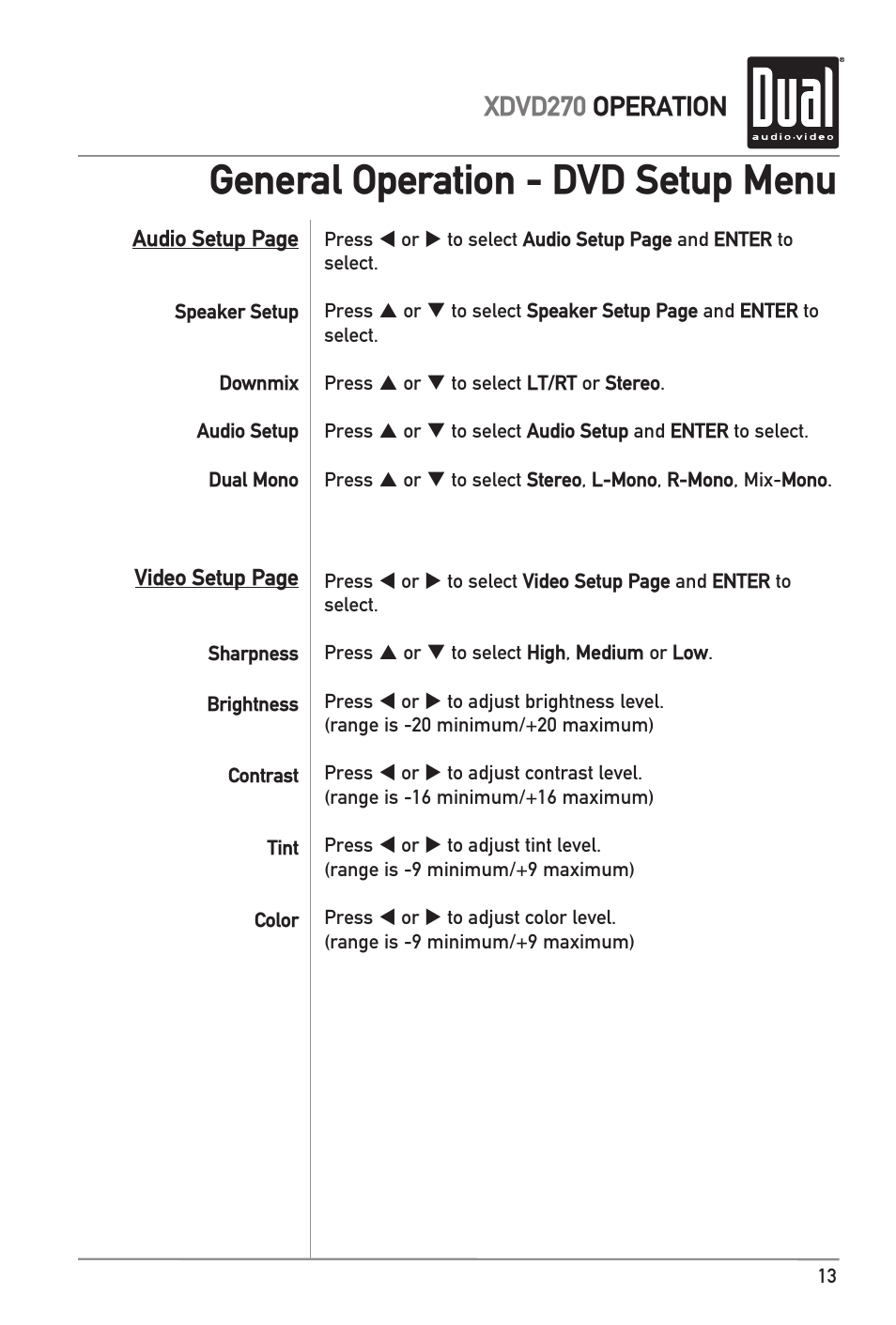 General operation - dvd setup menu, Xdvd270 operation | Dual XDVD270 User Manual | Page 13 / 24