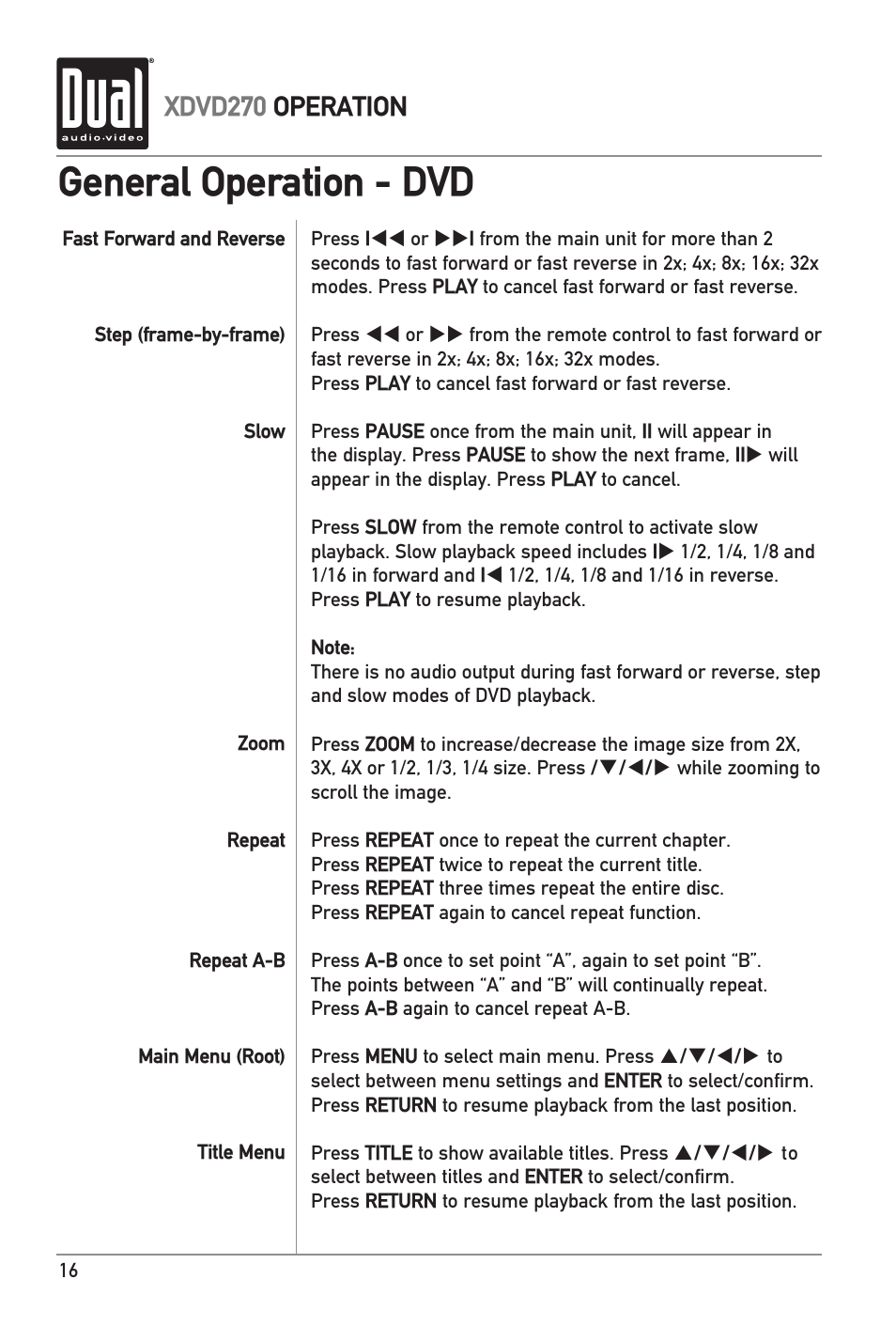 General operation - dvd, Xdvd270 operation | Dual XDVD270 User Manual | Page 16 / 24