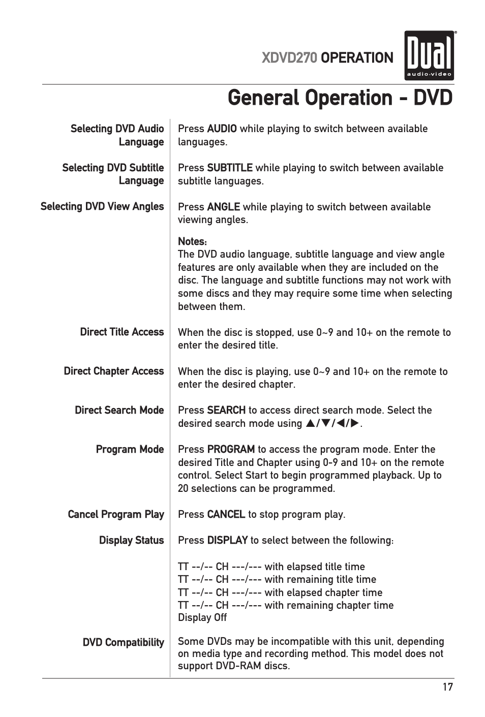 General operation - dvd, Xdvd270 operation | Dual XDVD270 User Manual | Page 17 / 24