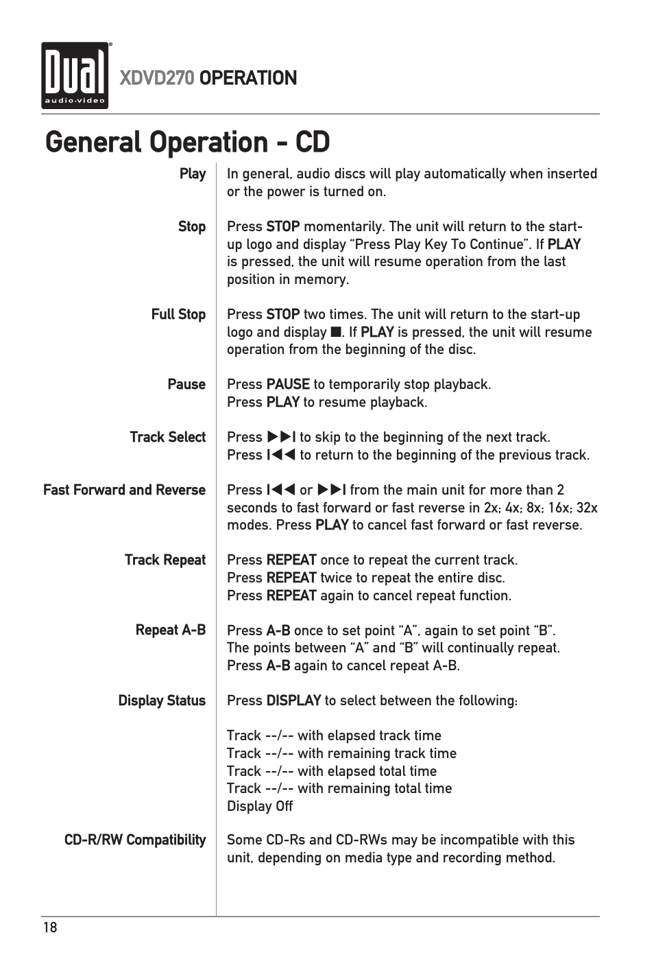 General operation - cd, Xdvd270 operation | Dual XDVD270 User Manual | Page 18 / 24