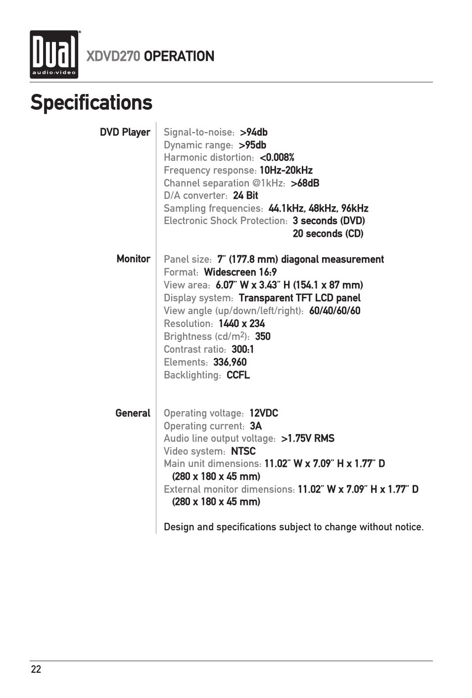 Specifications, Xdvd270 operation | Dual XDVD270 User Manual | Page 22 / 24