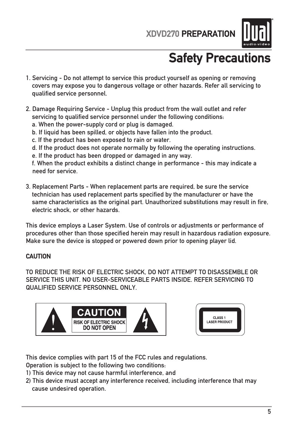 Safety precautions, Xdvd270 preparation | Dual XDVD270 User Manual | Page 5 / 24