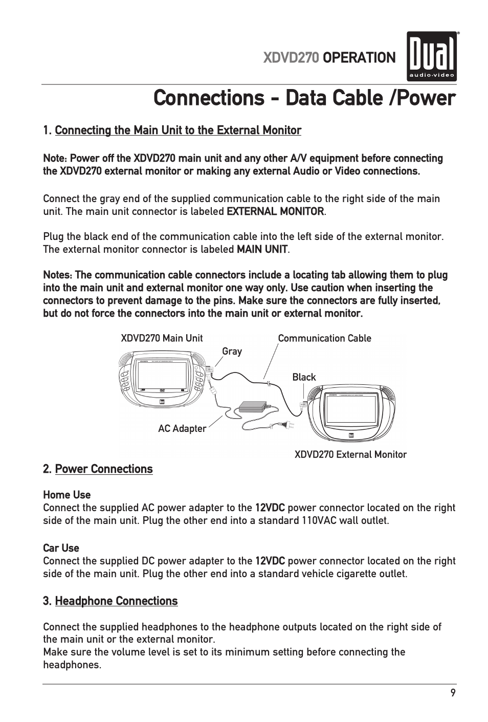Connections - data cable /power, Xdvd270 operation | Dual XDVD270 User Manual | Page 9 / 24