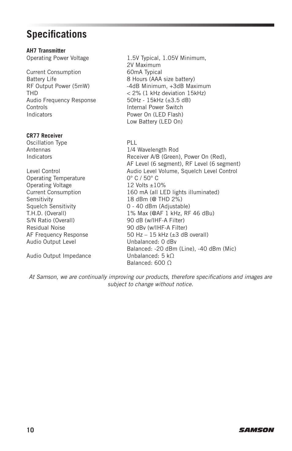 Specifications | Samson AH7 Transmitter with QE Fitness Headset Microphone (K1: 489.050 MHz) User Manual | Page 10 / 52