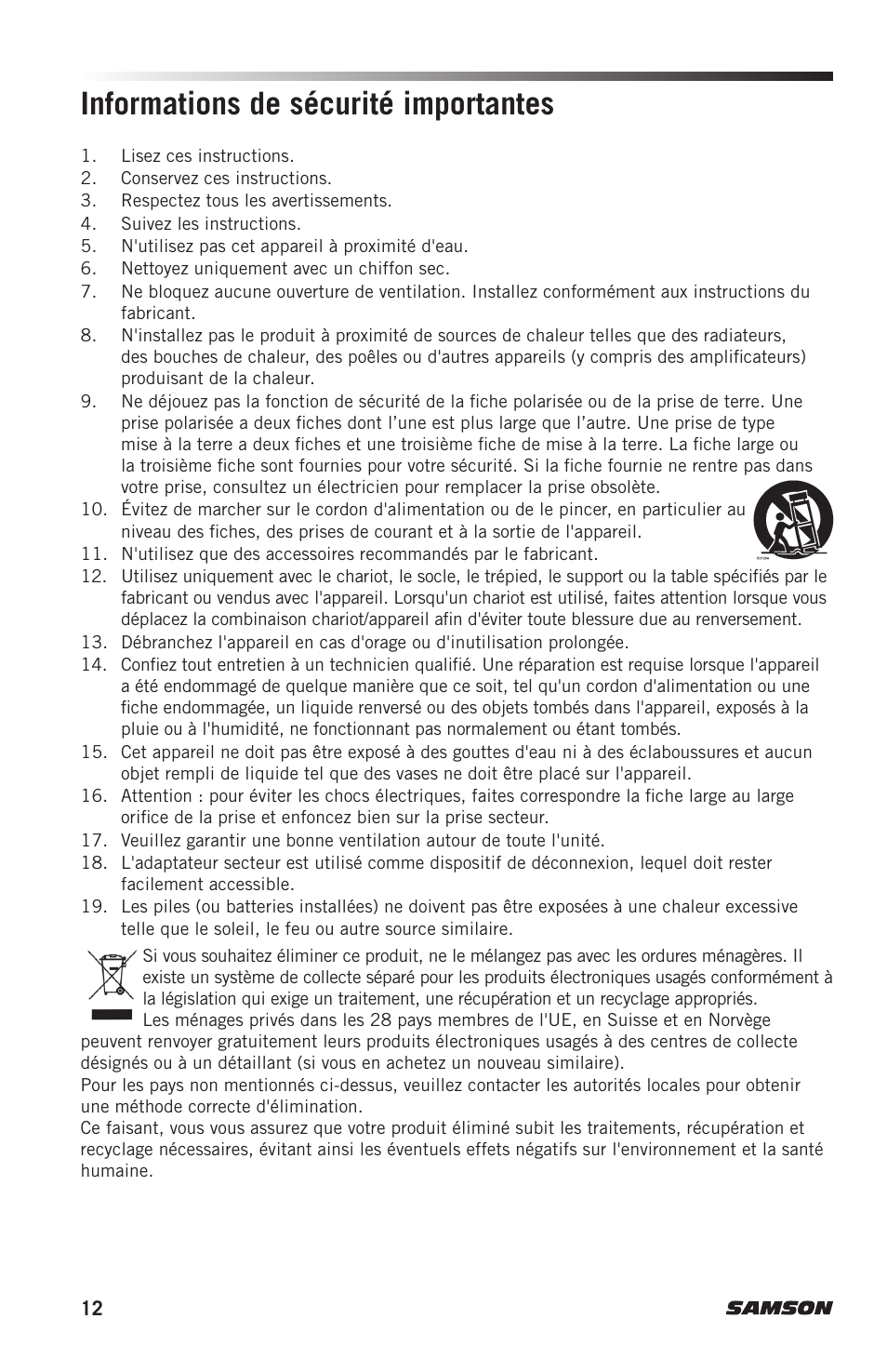 Informations de sécurité importantes | Samson AH7 Transmitter with QE Fitness Headset Microphone (K1: 489.050 MHz) User Manual | Page 12 / 52