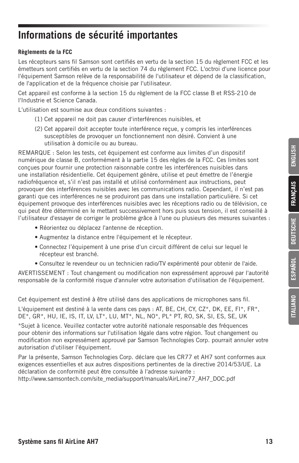 Informations de sécurité importantes | Samson AH7 Transmitter with QE Fitness Headset Microphone (K1: 489.050 MHz) User Manual | Page 13 / 52