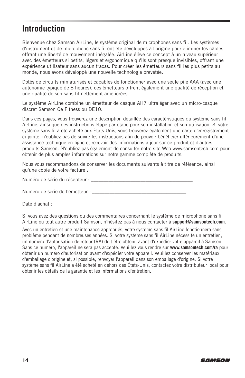 Introduction | Samson AH7 Transmitter with QE Fitness Headset Microphone (K1: 489.050 MHz) User Manual | Page 14 / 52