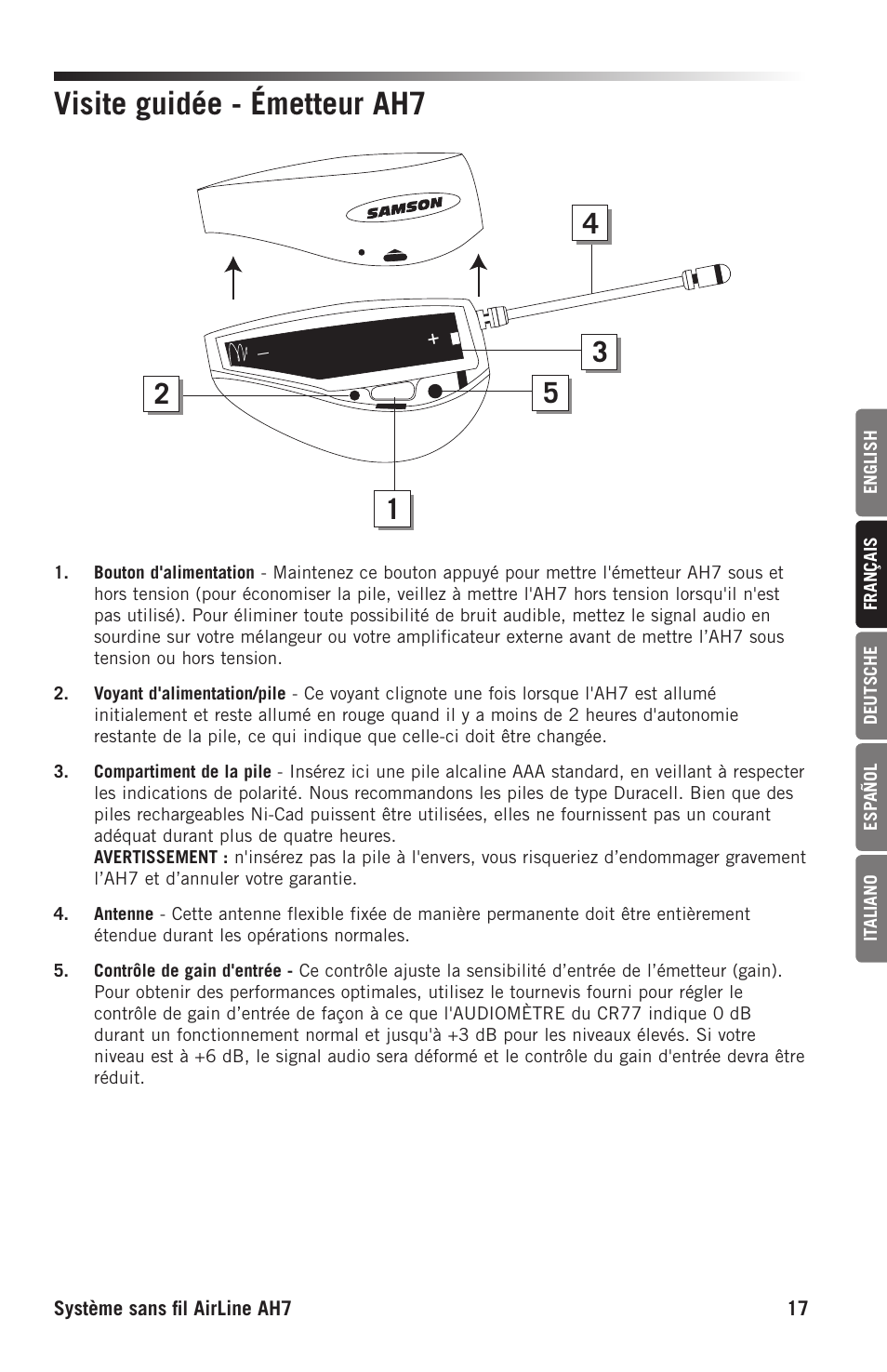 Visite guidée - émetteur ah7 | Samson AH7 Transmitter with QE Fitness Headset Microphone (K1: 489.050 MHz) User Manual | Page 17 / 52