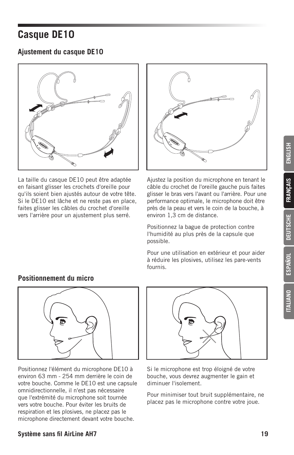 Casque de10, Positionnement du micro ajustement du casque de10 | Samson AH7 Transmitter with QE Fitness Headset Microphone (K1: 489.050 MHz) User Manual | Page 19 / 52