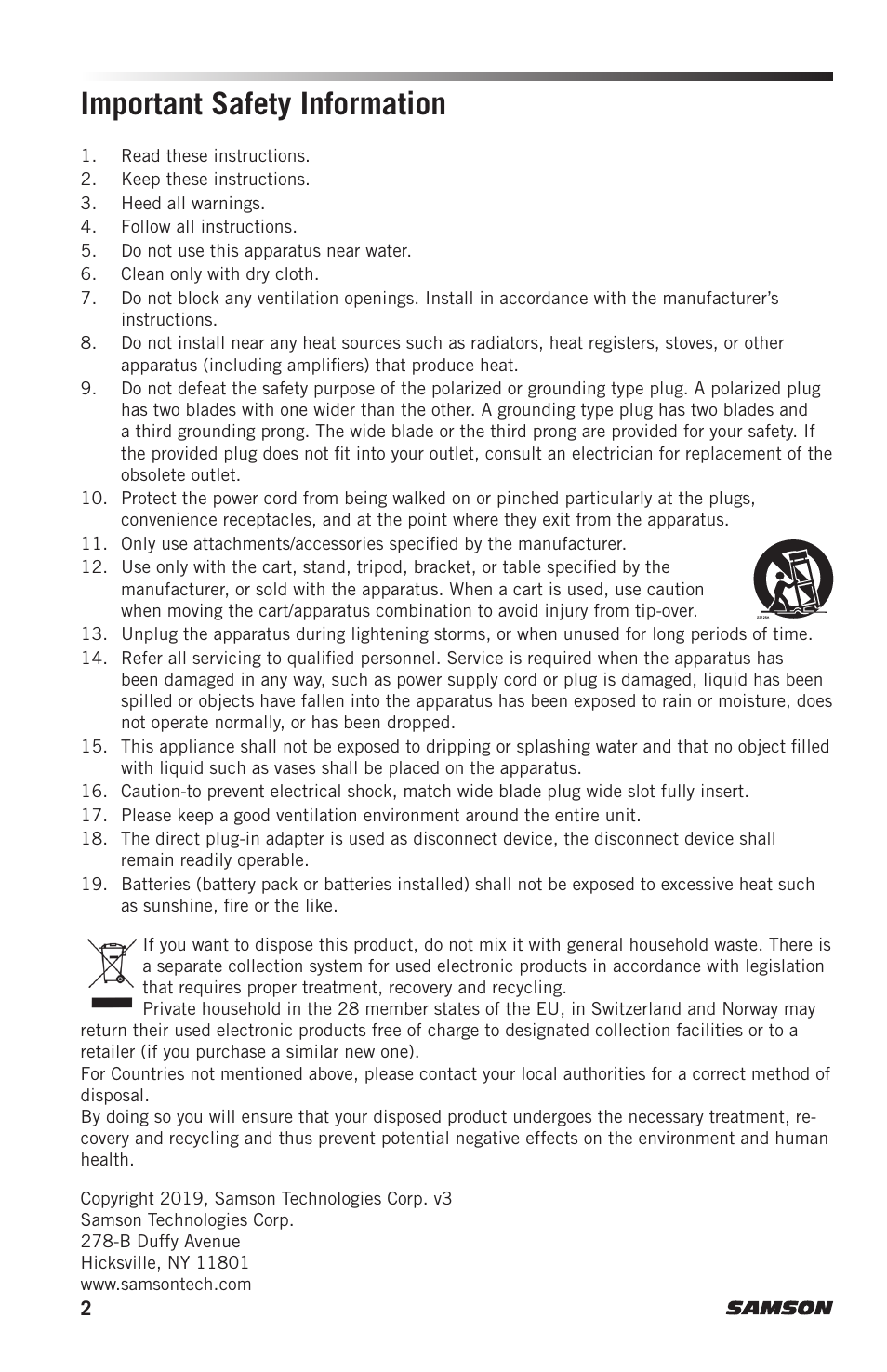 Important safety information | Samson AH7 Transmitter with QE Fitness Headset Microphone (K1: 489.050 MHz) User Manual | Page 2 / 52