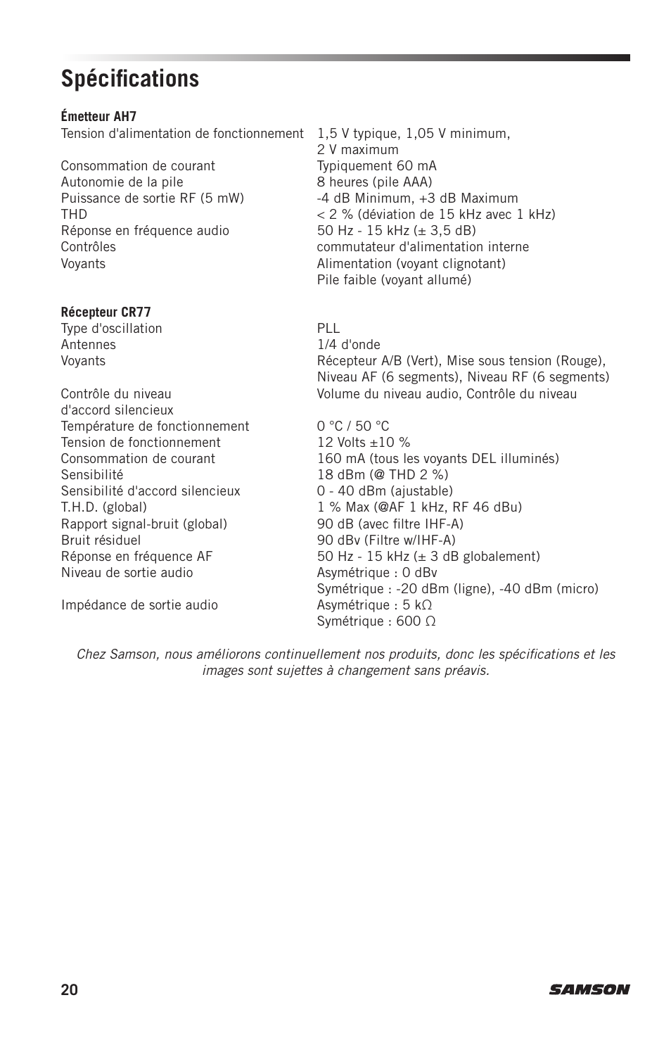 Spécifications | Samson AH7 Transmitter with QE Fitness Headset Microphone (K1: 489.050 MHz) User Manual | Page 20 / 52