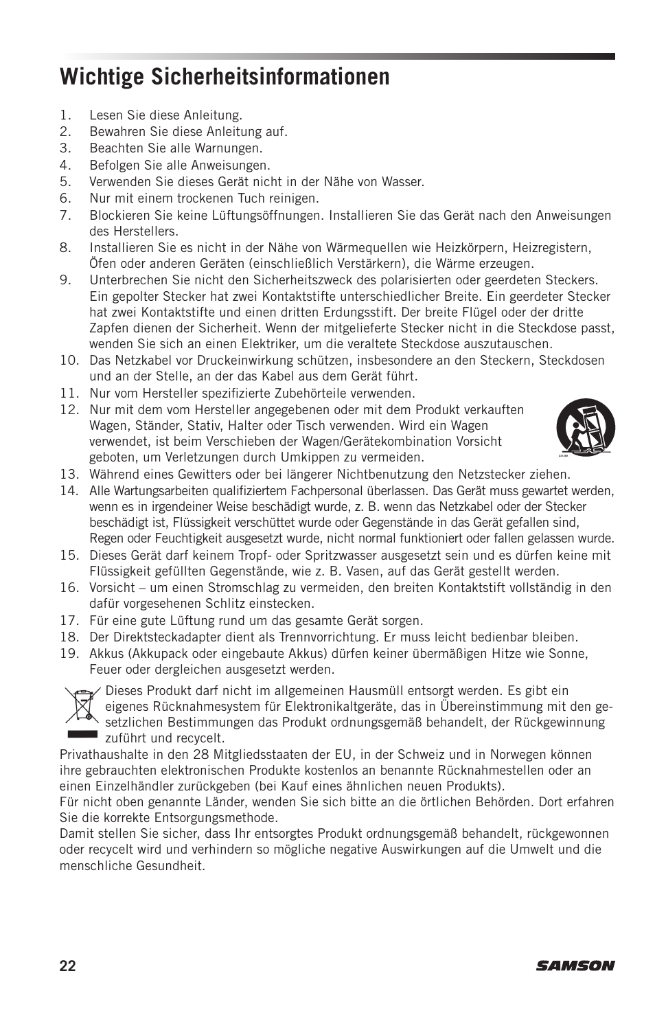 Wichtige sicherheitsinformationen | Samson AH7 Transmitter with QE Fitness Headset Microphone (K1: 489.050 MHz) User Manual | Page 22 / 52