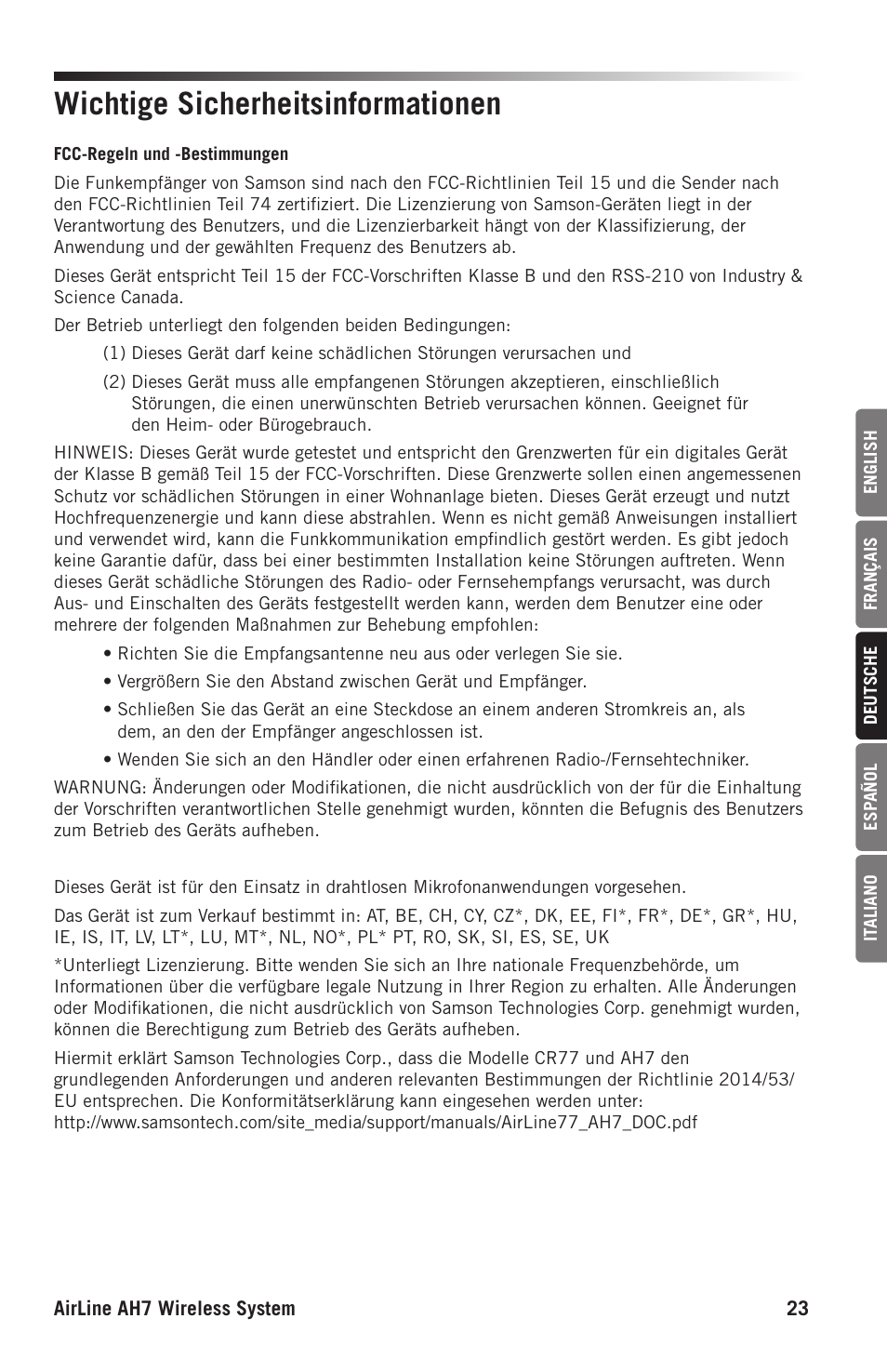 Wichtige sicherheitsinformationen | Samson AH7 Transmitter with QE Fitness Headset Microphone (K1: 489.050 MHz) User Manual | Page 23 / 52