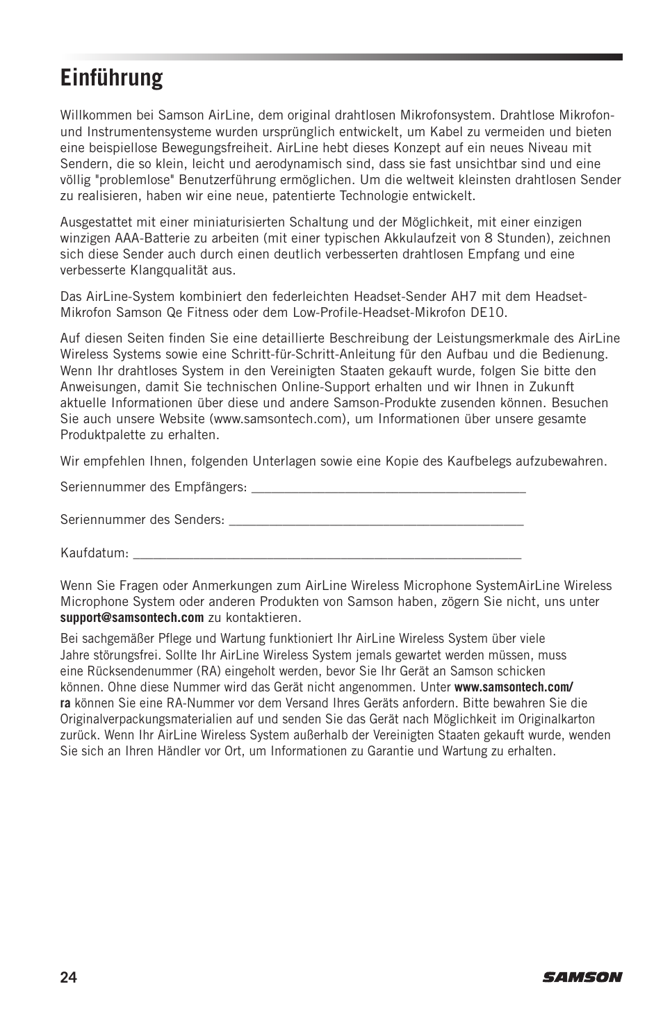 Einführung | Samson AH7 Transmitter with QE Fitness Headset Microphone (K1: 489.050 MHz) User Manual | Page 24 / 52