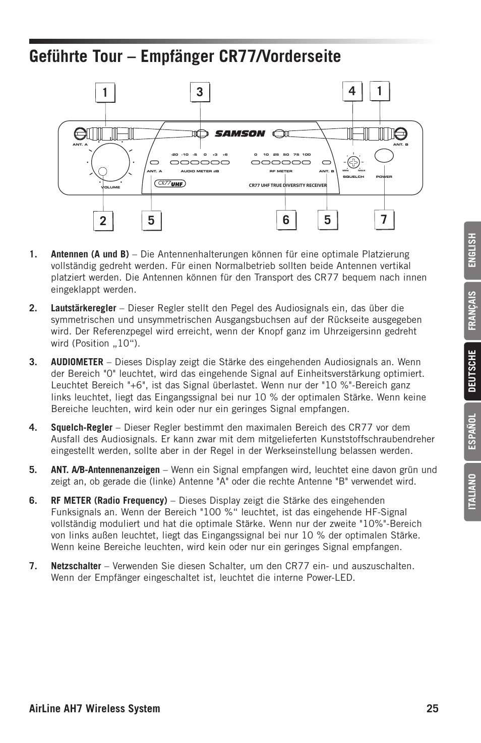 Geführte tour – empfänger cr77/vorderseite, Airline ah7 wireless system 25 | Samson AH7 Transmitter with QE Fitness Headset Microphone (K1: 489.050 MHz) User Manual | Page 25 / 52
