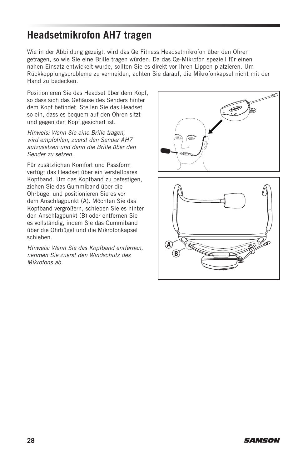 Headsetmikrofon ah7 tragen | Samson AH7 Transmitter with QE Fitness Headset Microphone (K1: 489.050 MHz) User Manual | Page 28 / 52