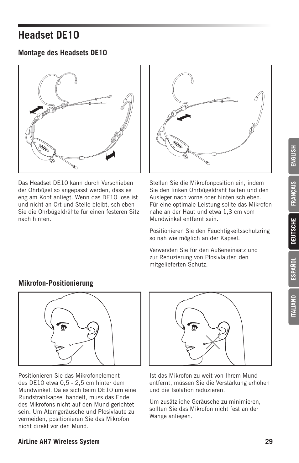 Headset de10, Mikrofon-positionierung montage des headsets de10 | Samson AH7 Transmitter with QE Fitness Headset Microphone (K1: 489.050 MHz) User Manual | Page 29 / 52
