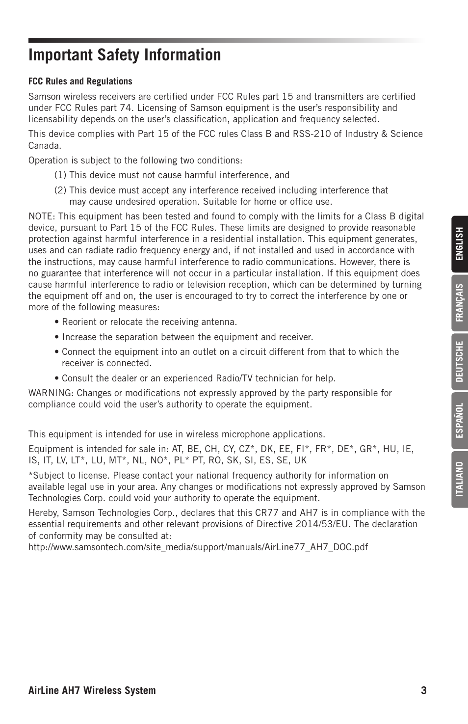 Important safety information | Samson AH7 Transmitter with QE Fitness Headset Microphone (K1: 489.050 MHz) User Manual | Page 3 / 52